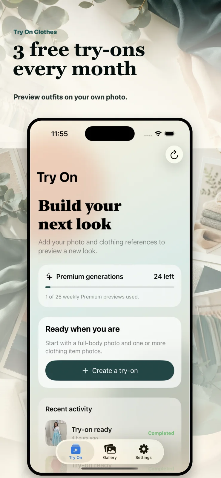 Try On Clothes app home screen showing premium generations and create a try-on button
